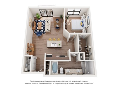 Floor plan for 1 bed, 1 bath, 865 sqft